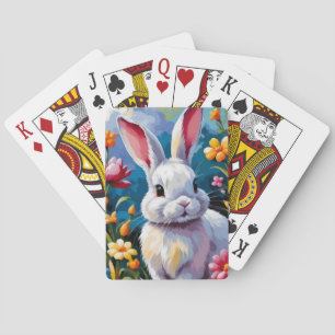 Adorable White Bunny Surrounded by Vibrant Flowers Playing Cards