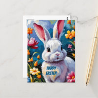Adorable White Bunny Surrounded by Vibrant Flowers