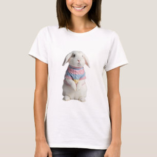 Adorable White Bunny Wearing Pastel Knitted T-Shirt