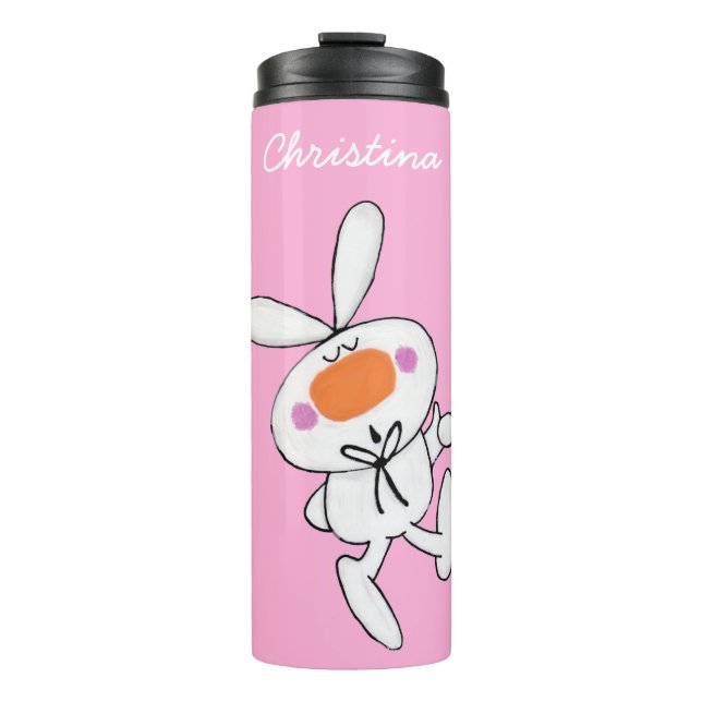 Adorable White Cartoon Bunny Rabbit on Bright Pink Thermal Tumbler (Front)