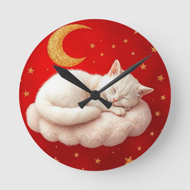 Adorable white cat round clock (Front)
