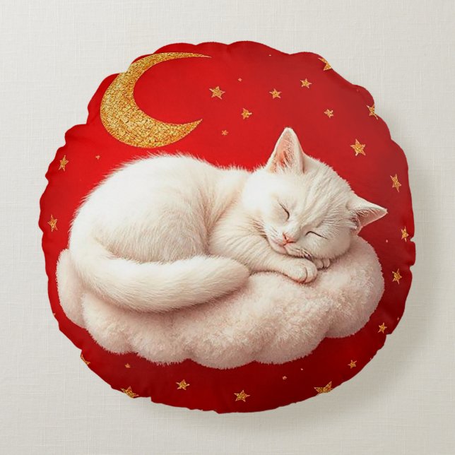 Adorable white cat round cushion (Front)