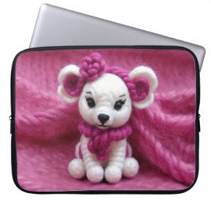 Adorable White Crochet Mouse with Pink Accents Laptop Sleeve