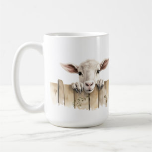 ADORABLE WHITE GOAT PEAKING OVER FENCE COFFEE MUG