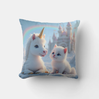 Adorable White Kitten and Baby Unicorn Cushion
