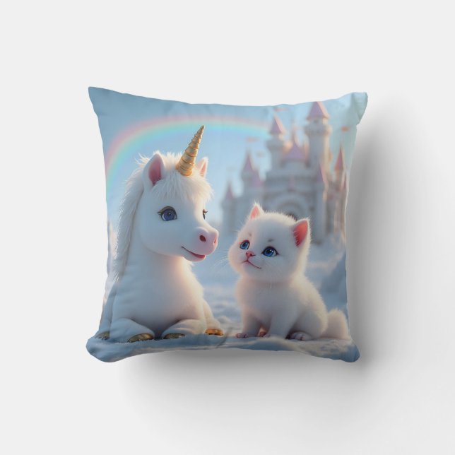 Adorable White Kitten and Baby Unicorn Cushion (Front)