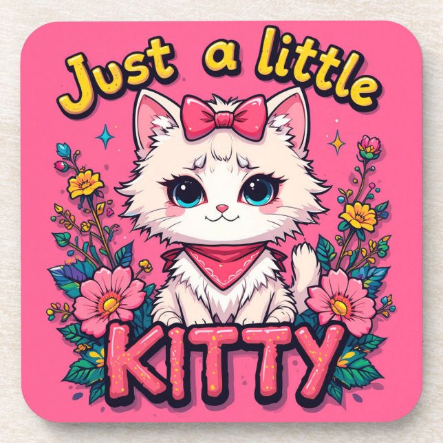 Adorable White Kitten Illustration Coaster (Front)