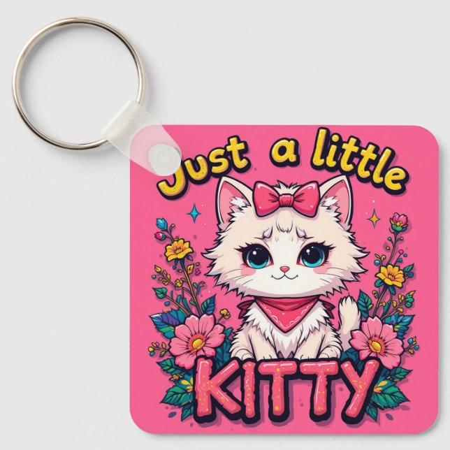 Adorable White Kitten Illustration Key Ring (Front)