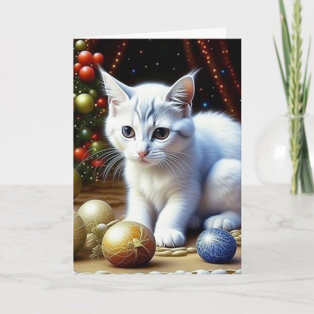 Adorable White Kitten Personalised Christmas Holiday Card (Front)