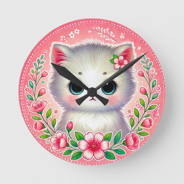 Adorable White Kitten Surrounded by Pink Flowers Round Clock (Front)