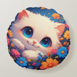Adorable White Kitten With Bright Blue Eyes Round Cushion