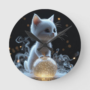 Adorable White Kitten with Mystic Glow Round Clock