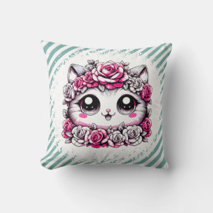 Adorable White Kitten with Rose Crown Cushion