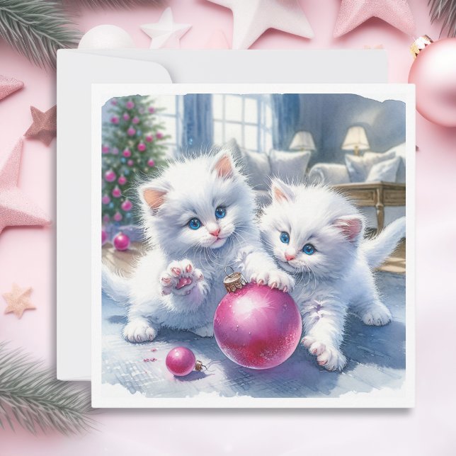 Adorable White Kittens Pink Christmas   Card (Creator Uploaded)