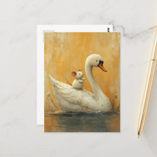 Adorable White Mouse Hitches a Ride on a Swan Postcard