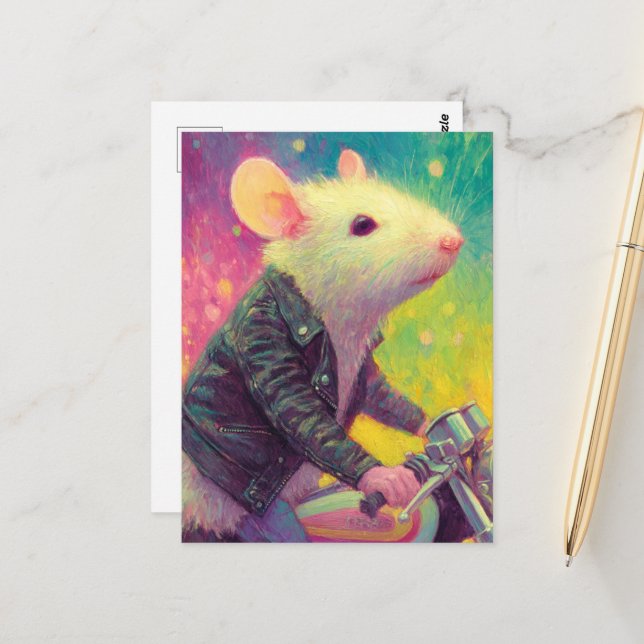Adorable White Mouse in a black leather jacket Postcard (Front/Back In Situ)