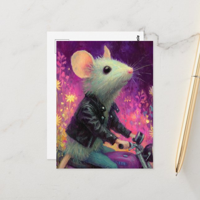 Adorable White Mouse riding a Motercycle in Flower Postcard (Front/Back In Situ)