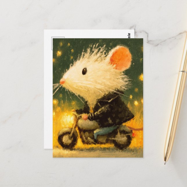 Adorable White Mouse Riding a Motercycle Postcard (Front/Back In Situ)