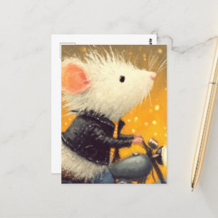 Adorable White Mouse riding a Motorcycle Postcard