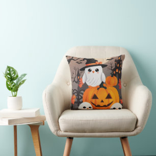 Adorable White Owl Jack O Lantern Halloween Cushion