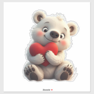Adorable White Polar Bear Cub Holding a Red Heart