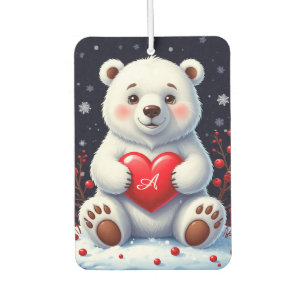 Adorable White Polar Bear Cub Holding a Red Heart Car Air Freshener