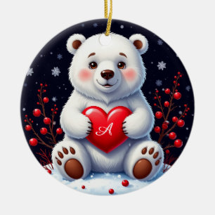 Adorable White Polar Bear Cub Holding a Red Heart Ceramic Tree Decoration