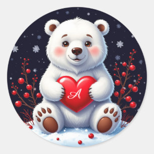 Adorable White Polar Bear Cub Holding a Red Heart Classic Round Sticker