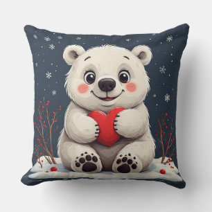 Adorable White Polar Bear Cub Holding a Red Heart Cushion