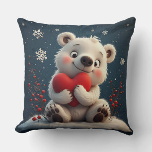 Adorable White Polar Bear Cub Holding a Red Heart Cushion