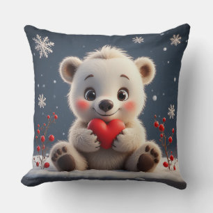 Adorable White Polar Bear Cub Holding a Red Heart Cushion