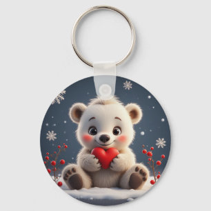 Adorable White Polar Bear Cub Holding a Red Heart Key Ring