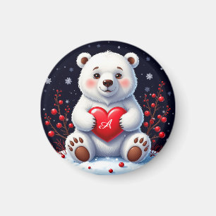 Adorable White Polar Bear Cub Holding a Red Heart Magnet