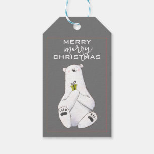 Adorable White Polar Bear with Little Green Gift - Gift Tags