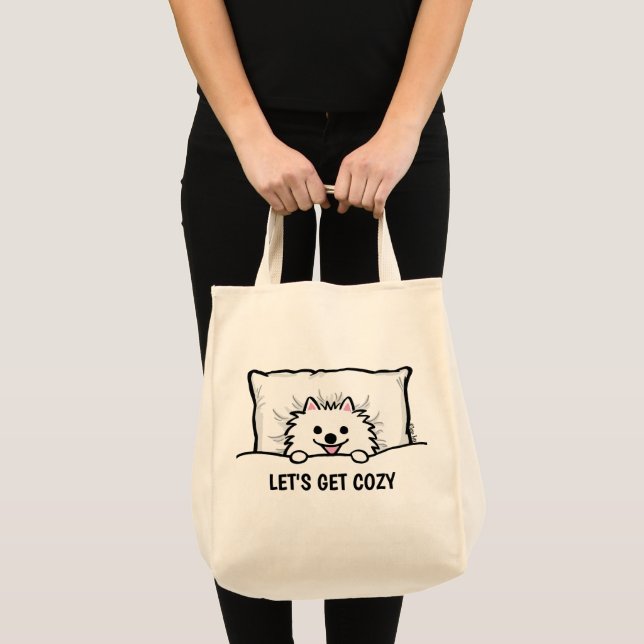 Adorable White Pomeranian Dog Let's Get Cosy  Tote Bag (Front (Product))
