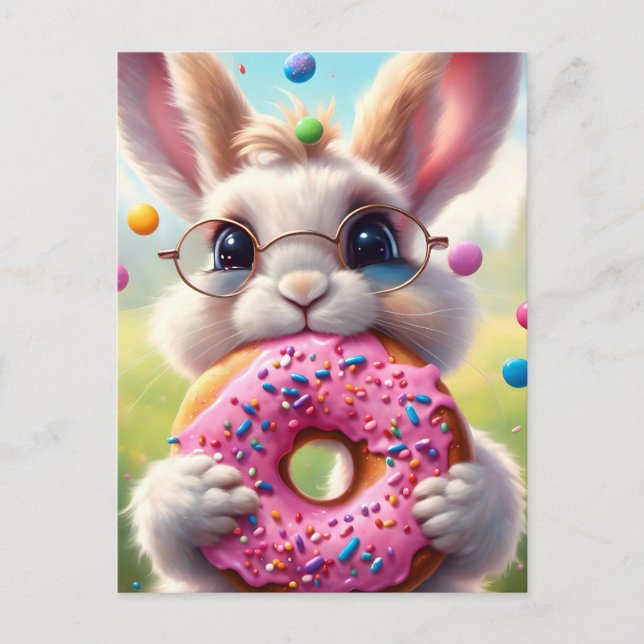 Adorable white rabbit with a doughnut postcard (Front)