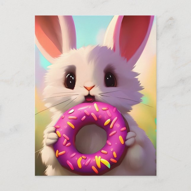 Adorable white rabbit with a pink doughnut postcard (Front)