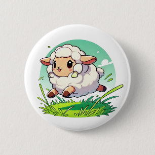 Adorable white sheep leaping through a field 6 cm round badge