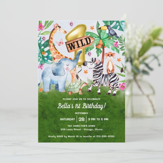 Adorable Wild One First Birthday Safari Invitation (Standing Front)