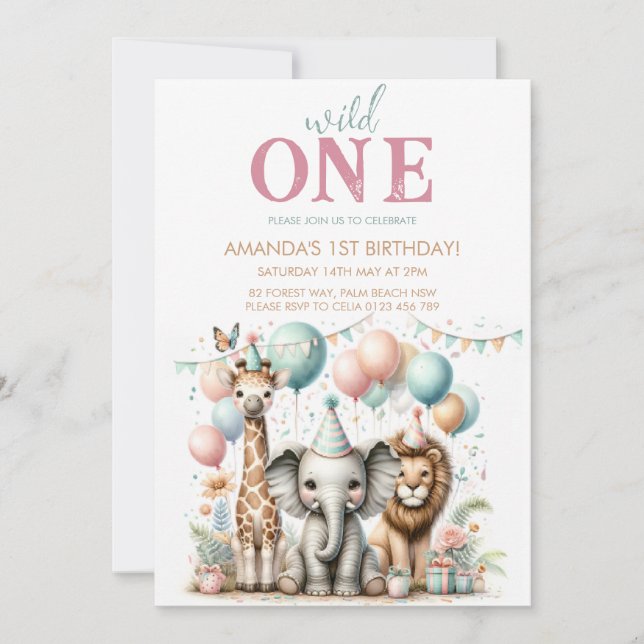 Adorable wild one girl birthday invitation (Front)