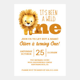 Adorable Wild One Watercolor Lion First Birthday Invitation