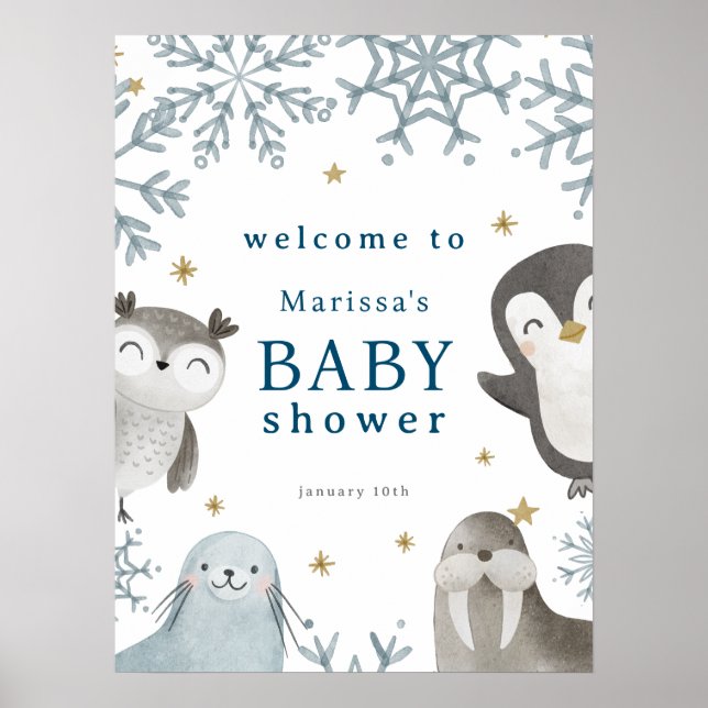 Adorable Winter Arctic Animals Baby Shower Welcome Poster (Front)