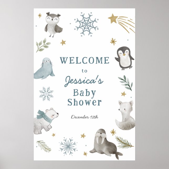 Adorable Winter Arctic Animals Baby Shower Welcome Poster (Front)
