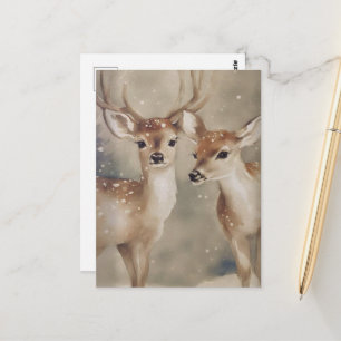 Adorable Winter Deer Watercolor Postcard