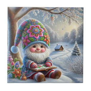 Adorable Winter Gnome in a Cosy Winter Landscape Tile