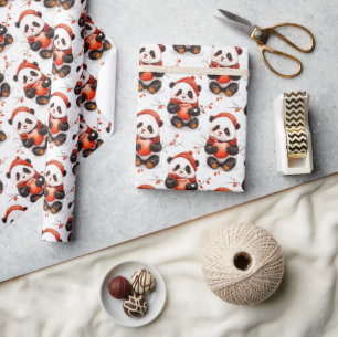 Adorable Winter Panda Pattern with Cosy Red Beanie Wrapping Paper