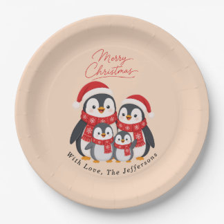 Adorable Winter Penguin Family Christmas Custom Paper Plate