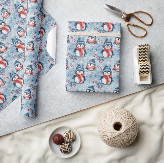 Adorable Winter Penguin Pattern with Cosy Hats  Wrapping Paper (Crafts)