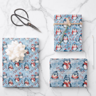 Adorable Winter Penguin Pattern with Cosy Hats Wrapping Paper Sheet
