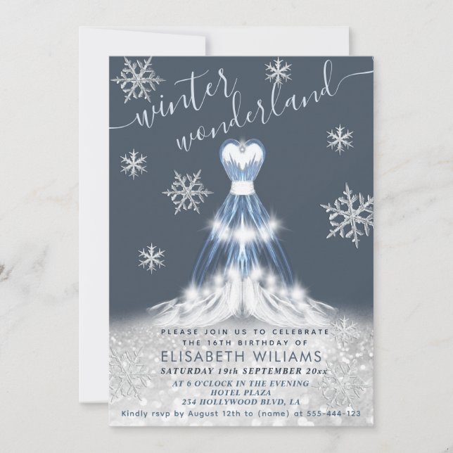 Adorable winter wonderland dress sweet 16 invitation (Front)